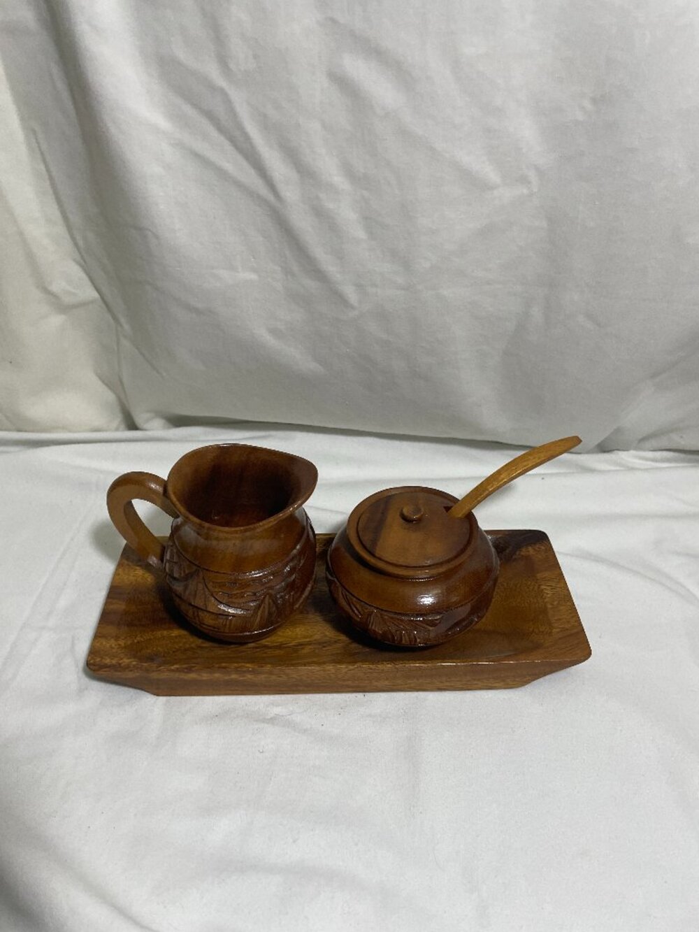 Vintage Monkey Pod Wood Creamer Sugar Bowl Spoon Tray Carved Tiki 5 Piece